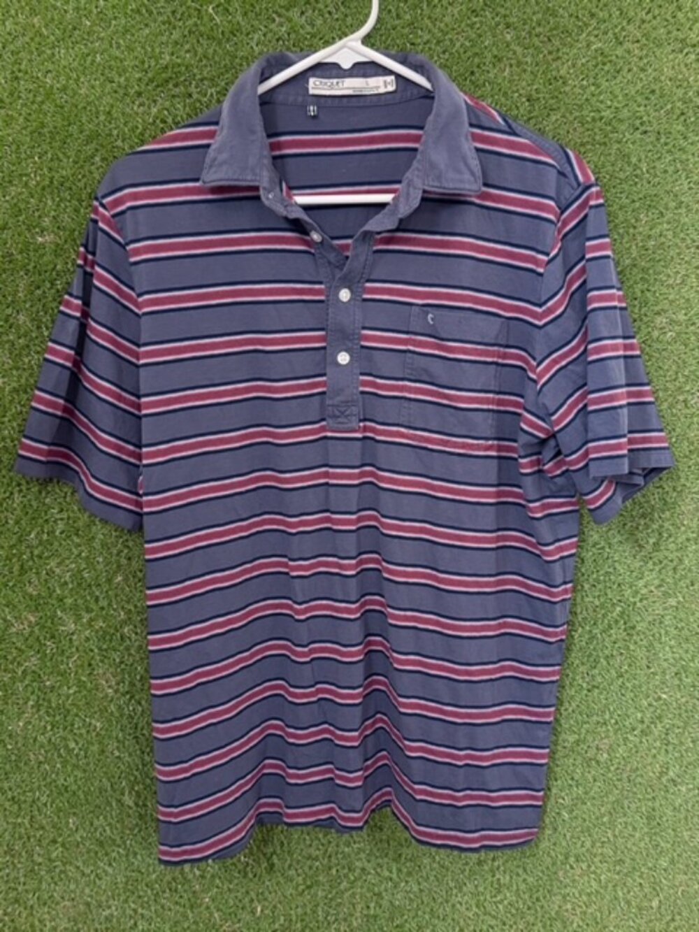 Criquet Mens Short Sleeve Polo Golf Shirt L Large Blue Red Striped